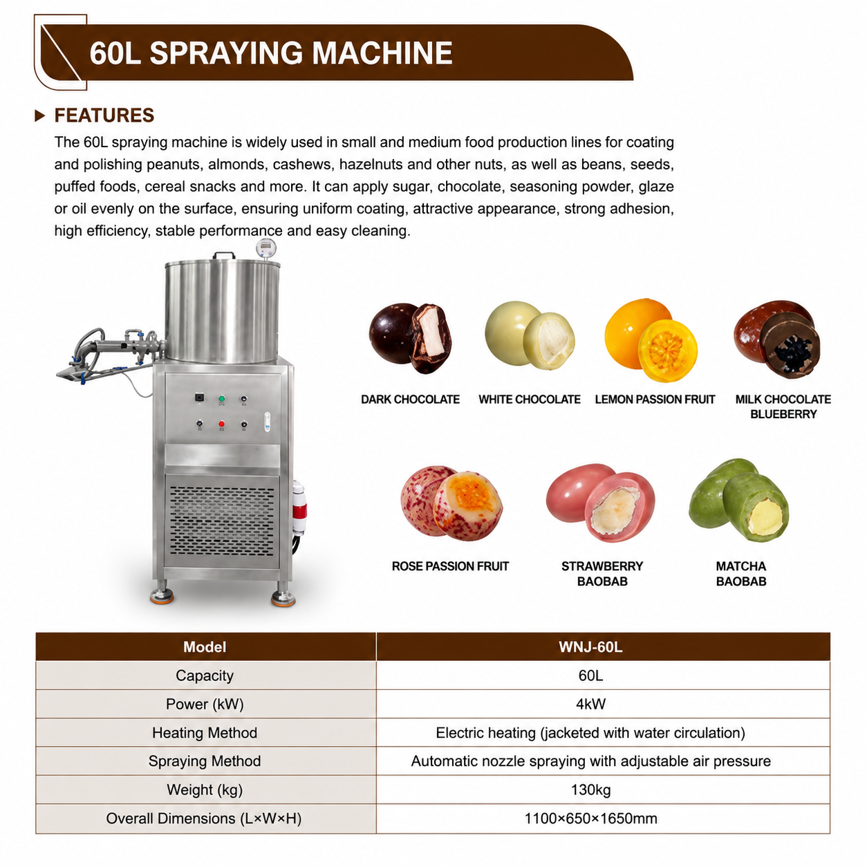 60L Chocolate Spraying Machine for Nuts, Snacks & Confectionery Coating | WNJ-60L