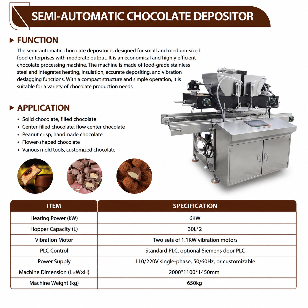 Stainless steel chocolate depositing machine with PLC control for confectionery factory