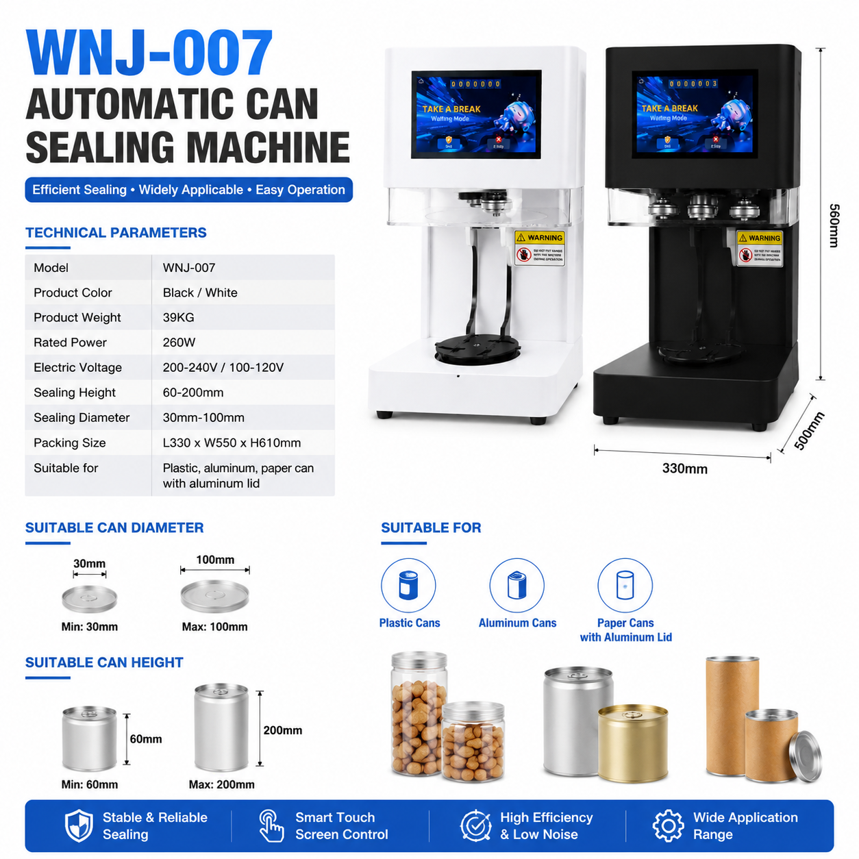 Automatic Can Sealing Machine for Food Packaging | 30-100mm Diameter Container Sealer with Touch Screen Control