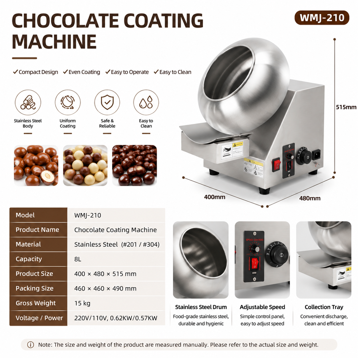 Stainless steel chocolate coating pan for food manufacturing